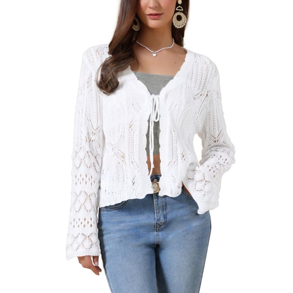 Women Summer Crochet Knit Tie Front Bolero Shrug Cardigan Sweaters White